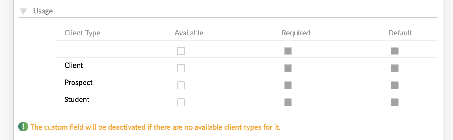 Custom field definition does not have any settings selected